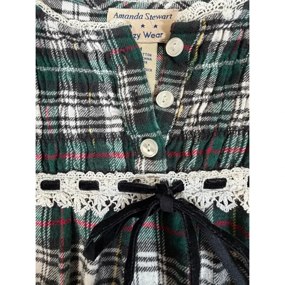 VTG Amanda Stewart Plaid Nightgown Medium Green White Cotton Flannel Lace Trim - Picture 5 of 11